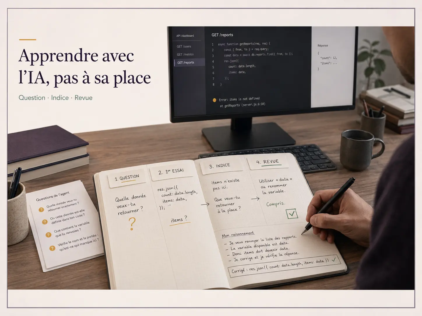 Developer reviewing AI-generated hints on a laptop screen while coding