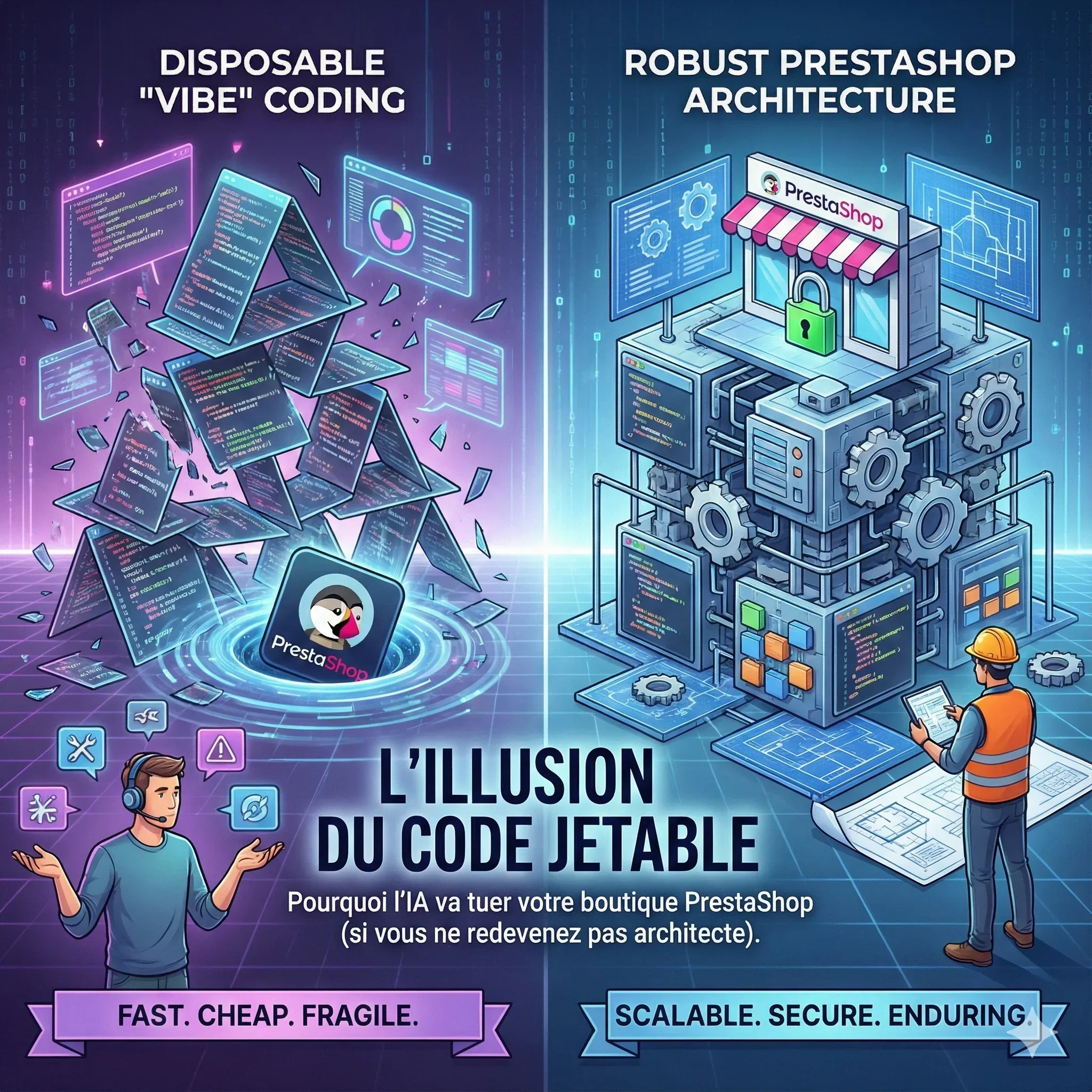 L'illusion du code jetable : Pourquoi l'IA va tuer votre boutique PrestaShop (si vous ne redevenez pas architecte)