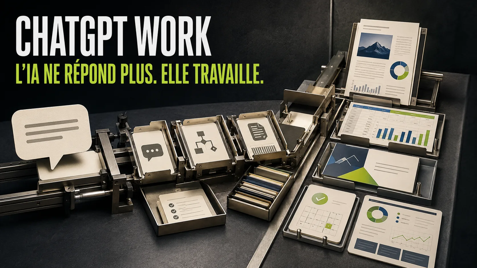 Interface de ChatGPT Work montrant la connexion entre outils, fichiers et tâches automatisées