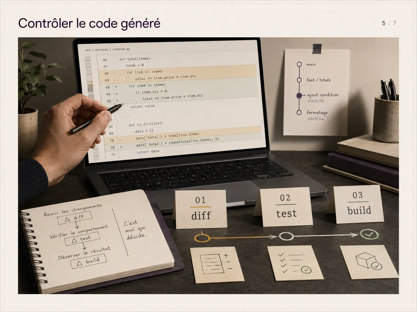 Développeur vérifiant des modifications de code dans un terminal avec Git et des tests automatisés