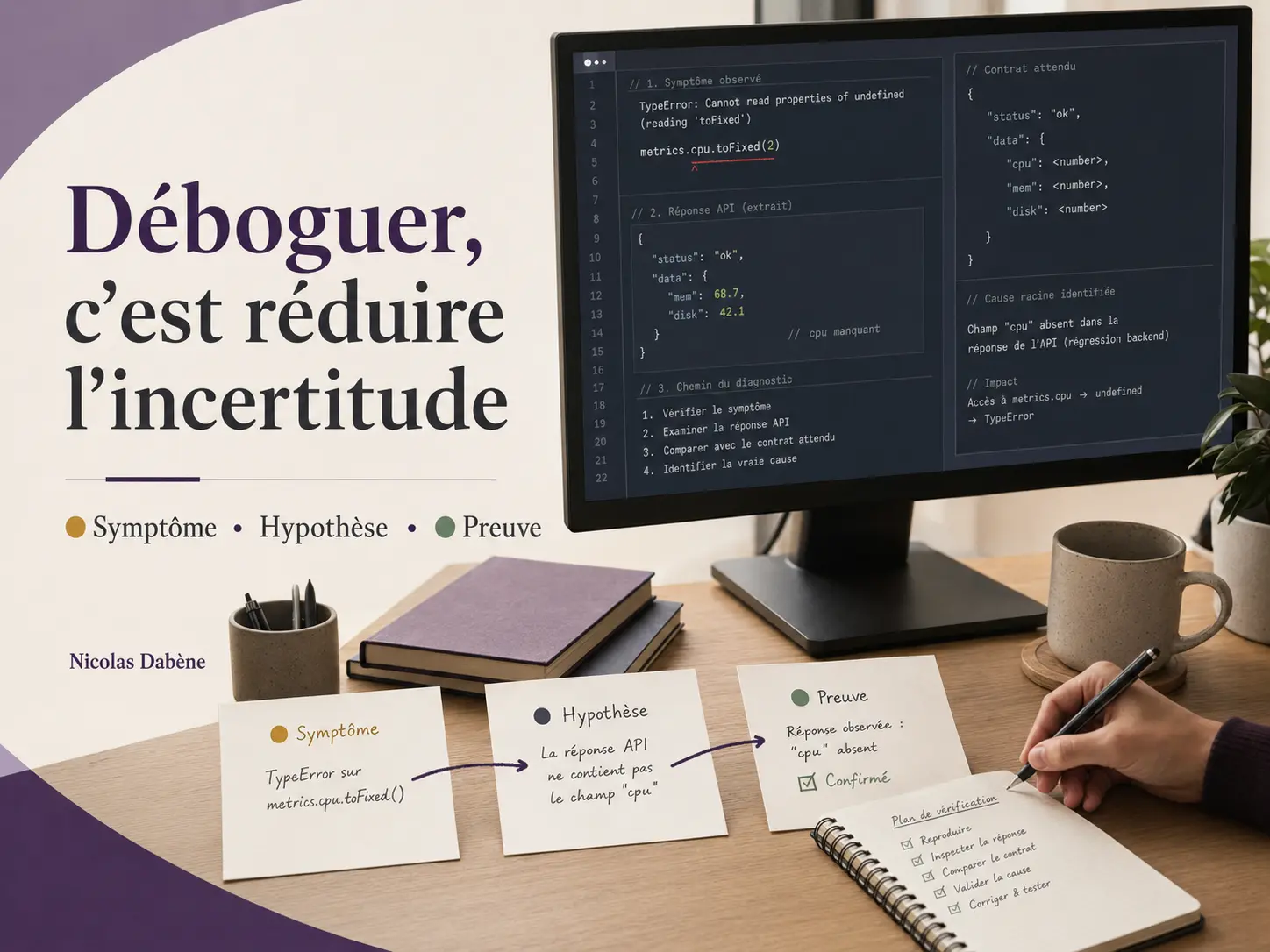 Développeur analysant une erreur de code avec une hypothèse avant de solliciter l’IA