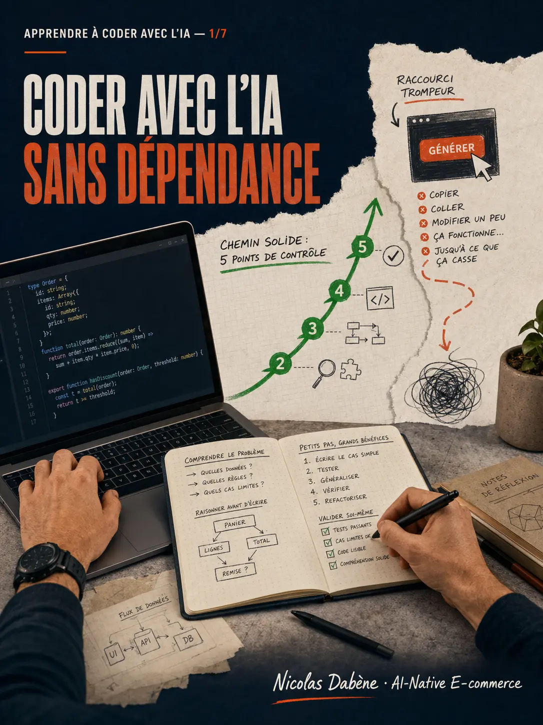 Développeur analysant du code TypeScript et React avec un assistant IA pour un mini-dashboard